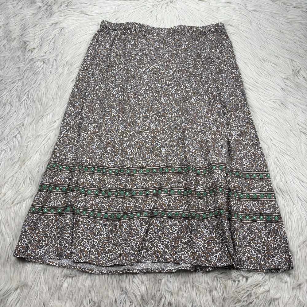 J. Jill Women's M TALL Tan Floral Pull On Midi Skirt Art Deco Cottagecore Boho